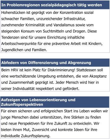 In Problemregionen sozialpädagogisch tätig werden  Hohenstücken ist geprägt von der Konzentration sozial schwacher Familien, unzureichender Infrastruktur, zunehmender Kriminalität und Vandalismus sowie vom steigenden Konsum von Suchtmitteln und Drogen. Diese Tendenzen sind für unsere Einrichtung inhaltliche Arbeitsschwerpunkte für eine präventive Arbeit mit Kindern, Jugendlichen und Familien. Abfedern von Differenzierung und Abgrenzung Beim HRV ist kein Platz für Diskriminierung! Stattdessen soll eine wertschätzende Umgebung entstehen, die von Akzeptanz und Zusammenhalt geprägt ist. Jeder Mensch wird hier in seiner Individualität respektiert und gefördert.  Aufzeigen von Lebensorientierung und Zukunftsperspektiven Für einen sicheren und erfolgreichen Start ins Leben wollen wir junge Menschen dabei unterstützen, ihre Stärken zu finden und neue Perspektiven für ihre Zukunft zu entwickeln. Wir bieten ihnen Mut, Zuversicht und konkrete Ideen für ihre individuelle Zukunftsplanung.