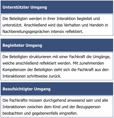 Begleiteter Umgang   Die Beteiligten strukturieren mit einer Fachkraft die Umgänge, welche anschließend reflektiert werden. Mit zunehmenden Kompetenzen der Beteiligten zieht sich die Fachkraft aus den Interaktionen schrittweise zurück. Unterstützter Umgang  Die Beteiligten werden in ihrer Interaktion begleitet und unterstützt. Anschließend wird das Verhalten und Handeln in Nachbereitungsgesprächen intensiv reflektiert. Beaufsichtigter Umgang Die Fachkräfte müssen durchgehend anwesend sein und alle Interaktionen zwischen dem Kind und der Bezugsperson beobachten und gegebenenfalls eingreifen.