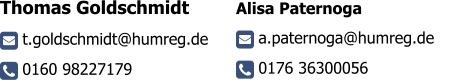 Thomas Goldschmidt      t.goldschmidt@humreg.de      0160 98227179     Alisa Paternoga     a.paternoga@humreg.de       0176 36300056