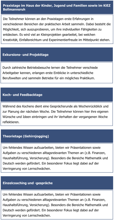 Exkursions- und Projekttage  Durch zahlreiche Betriebsbesuche lernen die Teilnehmer verschiede Arbeitgeber kennen, erlangen erste Einblicke in unterschiedliche Berufswelten und sammeln Betriebe für ein mögliches Praktikum.  Praxistage im Haus der Kinder, Jugend und Familien sowie im KiEZ Bollmannsruh Die Teilnehmer können an den Praxistagen erste Erfahrungen in verschiedenen Bereichen der praktischen Arbeit sammeln. Dabei besteht die Möglichkeit, sich auszuprobieren, um ihre individuellen Fähigkeiten zu entdecken. Es wird viel an Kleinprojekten gearbeitet, bei welchen Kreativität, Einfallsreichtum und Experimentierfreude im Mittelpunkt stehen. Koch- und Feedbacktage Während des Kochens dient eine Gesprächsrunde als Wochenrückblick und zur Planung der nächsten Woche. Die Teilnehmer können hier ihre eigenen Wünsche und Ideen einbringen und ihr Verhalten der vergangenen Woche reflektieren. Theorietage (Gehirnjogging) Um fehlendes Wissen aufzuarbeiten, bieten wir Präsentationen sowie Aufgaben zu verschiedenen alltagsrelevanten Themen an (z.B. Finanzen, Haushaltsführung, Versicherung). Besonders die Bereiche Mathematik und Deutsch werden gefördert. Ein besonderer Fokus liegt dabei auf der Verringerung von Lernschwächen. Einzelcoaching und -gespräche Um fehlendes Wissen aufzuarbeiten, bieten wir Präsentationen sowie Aufgaben zu verschiedenen alltagsrelevanten Themen an (z.B. Finanzen, Haushaltsführung, Versicherung). Besonders die Bereiche Mathematik und Deutsch werden gefördert. Ein besonderer Fokus liegt dabei auf der Verringerung von Lernschwächen.